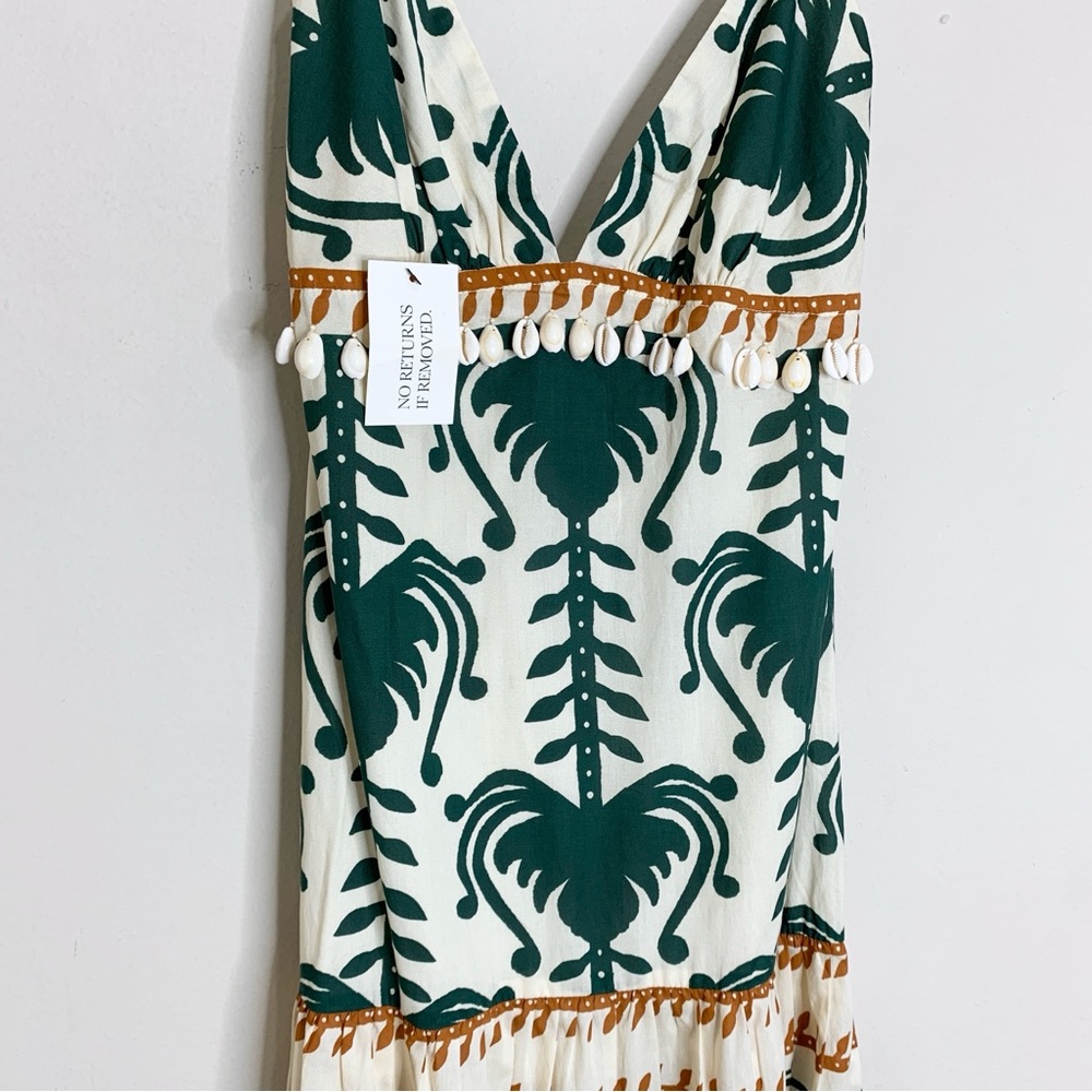 NEW Johanna Ortiz Keeper Maxi Dress (Sz 2) Shell Trim Cotton Poplin Ecru Green - Picture 10 of 16